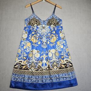I.C.E Babydoll Dress Women 12 Blue Gold Floral Sleeveless Cruise Money Bold Y2K
